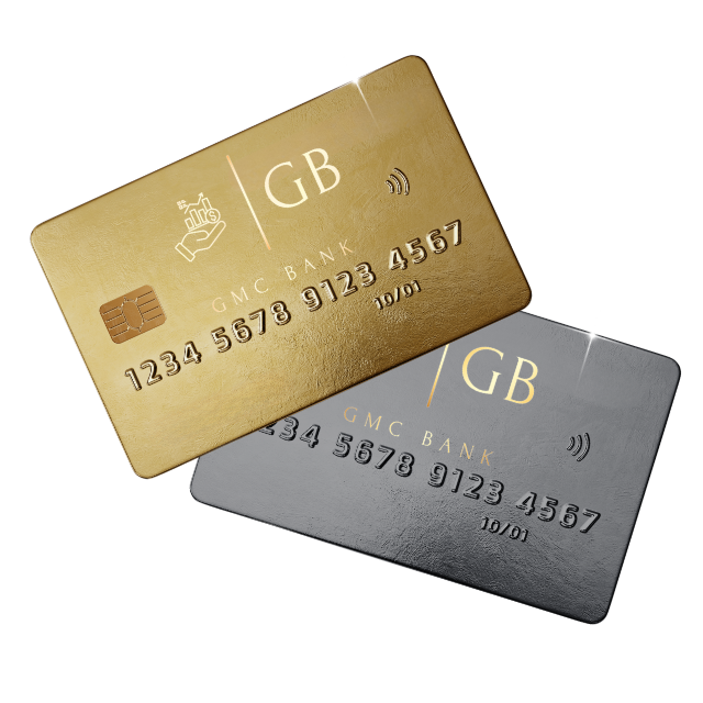 2 cartões cruzados um ouro e outro prata com o GMC BANK escrito em cima